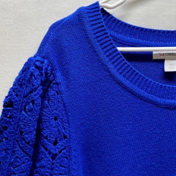 Liz Claiborne Women's 0X Knit Sweater Top Deep Royal Crochete Short Sleeves NWT - Picture 2 of 15